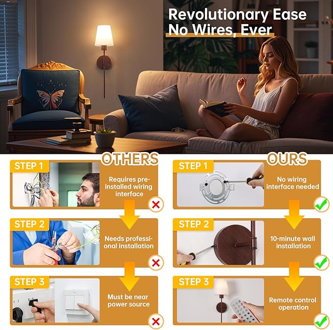 Shenmoyl Battery Operated Wall Sconces Set of 2, Walnut Color Wall Lamp 6000 mAh Rechargeable Bulb with 12 RGB Colors Dimmable Wall Sconce for Living Room Bedroom