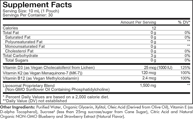 Sachets de supplément liquide de Vitamine D3 liposomale de Codeage, multivitamine liquide végétalienne Wonder-D Cholécalciférol, Vitamines K2 B12 à base de plantes, Phospholipides sans OGM, Vitamine E, Saveur de baies - 30 sachets