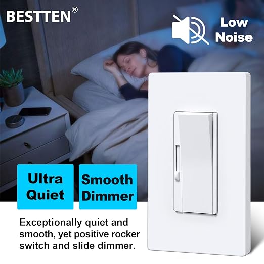 BESTTEN 20 Pack Super Slim Dimmer Light Switch, Quiet Rocker, Max 300W LED, CFL, 600W Incandescent, Single Pole or 3 Way Dimmable Switch with Screwless Wallplate, ETL Listed, White