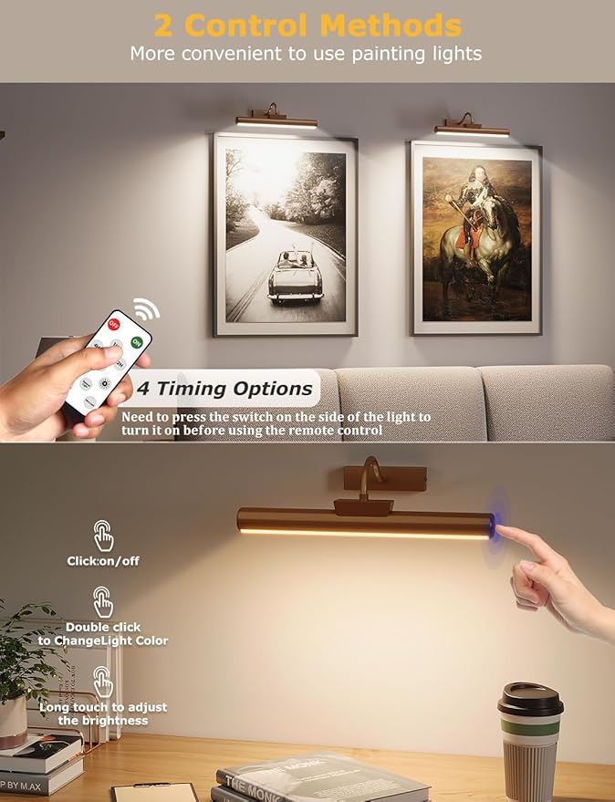 13" Aluminum Wireless Picture Lights for Wall, 5000mAh Rechargeable Battery Operated Wall Art Lighting, Dimmable 3-Color Gallery Painting Light for Pictures On Wall, with Remote/Timer [Bronze, 1Pack]