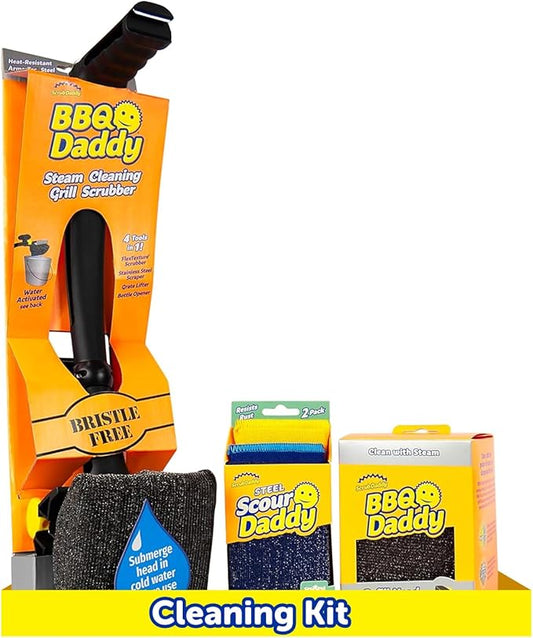 Scrub Daddy BBQ Daddy Grill Cleaner Kit - Bristle Free Grill Brush with Refill + 2 Steel Scour Daddy Grill Sponges - Built-in Grill Scraper - Temperature Controlled Grill Cleaning Tools (4 Count)
