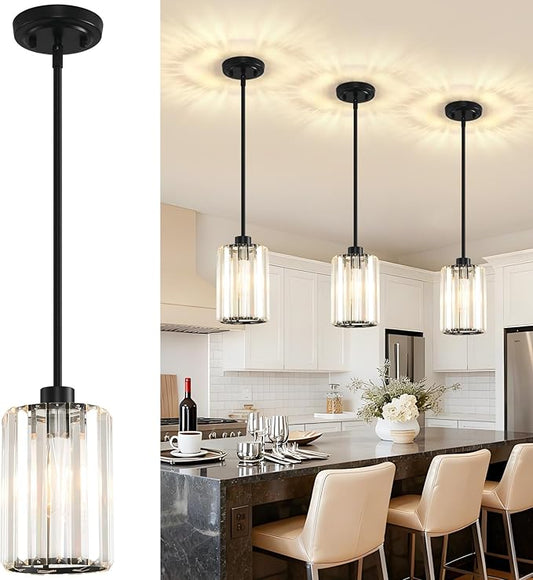 3 Pack Pendant Lights Kitchen Island, Modern Black Pendant Light Fixtures, Mini Chandelier Crystal Kitchen Island Lighting, Hanging Pendant Lights Fixture for Kitchen Island Dining Room Hallway Foyer
