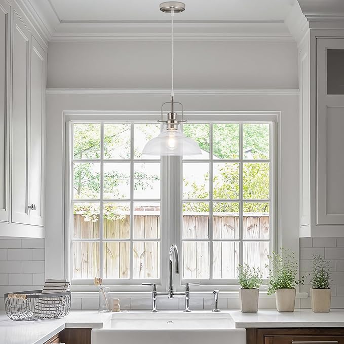 WILON Brushed Nickel Glass Pendant Lights Kitchen Island Lighting, Modern Hanging Lamp for Sink Dining Room Over Table Hallway Entryway Bar Foyer Bathroom