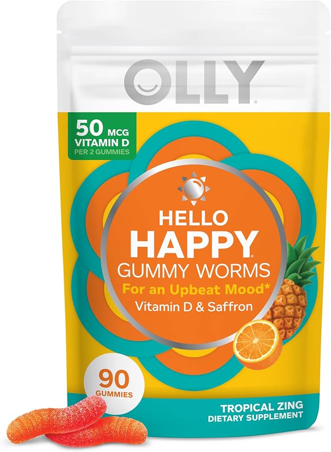 OLLY Hello Happy Gummy Worms, Soutien à l'équilibre de l'humeur, Vitamine D, Safran, Complément à croquer pour adultes, Sans gluten, Tropical Zing - 90 unités