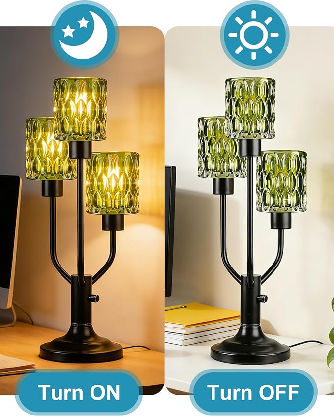 Mid Century Modern Table Lamp for Living Room Dimmable Nightstand Lamp Black Vintage Desk Lamp with Green Glass 3 Bulbs Included Warmwhite Ambient Bedside Lamps for Bedroom Office Home Decor
