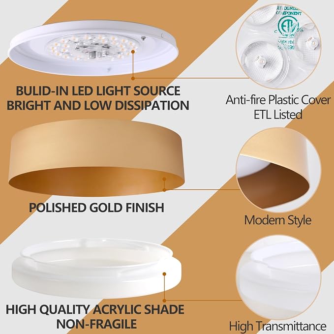 Bargeni Gold Flush Mount Ceiling Light, LED Ceiling Light Fixture | 12.5" ETL-listed dimmable 18W LED light with 3000K warm glow, ideal for bedrooms, hallways, foyers and living rooms