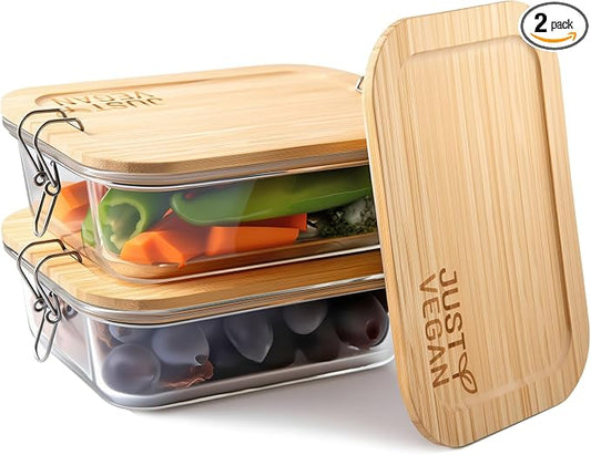 Airtight Glass Food Storage Containers with Bamboo Lids, Set of 2 Secure-Seal Containers for Meal Prep, 100% Leakproof, Plastic Free, Oven & Microwave Safe (2 Pack)