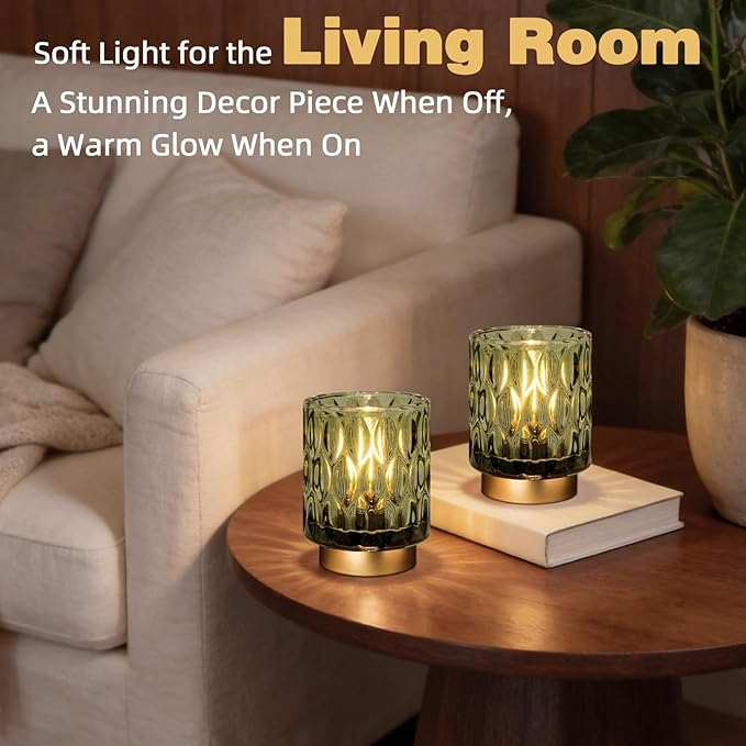 Battery Operated Table Lamps Timer, Mini Crystal Lamp for Area No Plug, Cordless Lamp with LED Bulb for Power Outage, Decorative Lamps for Tabletop/Corner/Entryway/Stairway/Bathroom (2 Green)