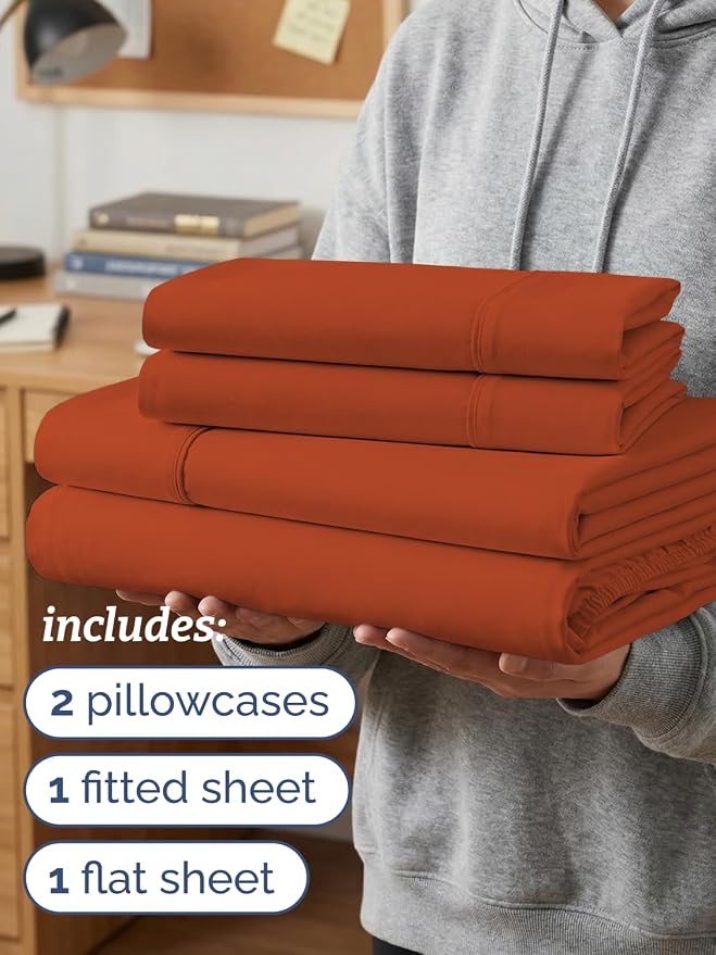 Twin XL 4 Piece Sheet Set - Comfy Breathable & Cooling - Ultra Soft Hotel Luxury Bedding Set w/ 8-16 Inch Deep Pockets - 1 Flat & 1 Fitted Sheet & 2 Pillowcases - Wrinkle Free & Easy Care - Terracotta