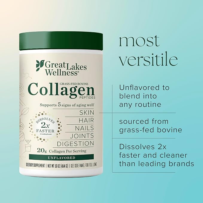 Great Lakes Wellness Collagen Peptides Powder – Supports Skin, Hair, Nails, Joints & Digestion – Hydrolyzed, Quick Dissolve, Non-GMO, Keto & Kosher – Pure Collagen Protein (32 oz, 45 Servings)