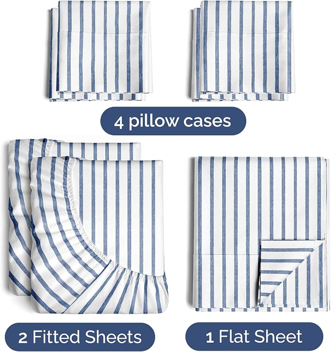 Split King 7 Piece Sheet Set - Comfy Breathable & Cooling - Soft Hotel Luxury Bedding Set w/ 8-16 Inch Deep Pockets - 1 Flat & 2 Fitted Sheet & 4 Pillowcases - Cozy and Wrinkle Free - Blue Stripes 2