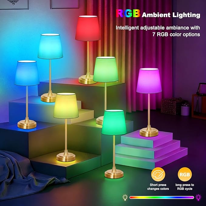 Wowag Cordless Table Lamp Rechargeable,5000mAh Battery Operated Desk Lamp,3 Colors & 7 RGB Stepless Dimmable,Touch Control Ambient Light for Bedside,Bedroom,Dining Room,Living Room,Gold,WhiteShade