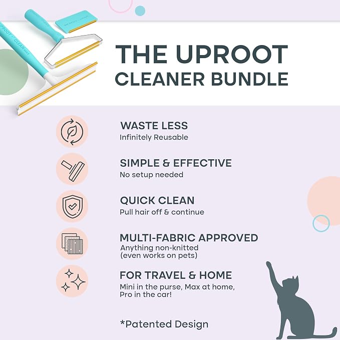 Uproot Clean Fur-Nado Survival Kit - Uproot Cleaner Pro Pet Hair Remover Tool + Mini & Max Variants - Pet Hair Removal Tool and Carpet Rake - Easy Cat & Dog Fur Scraper Bundle