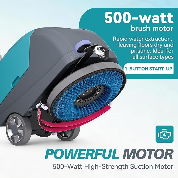 17" Walk Behind Commercial Floor Scrubber, 24" Squeegee Width | Battery Powered Cordless Floor Cleaner Polisher , 24000 SqFt/H Efficient Cleaning for Office Cafe Clinic Retail Store