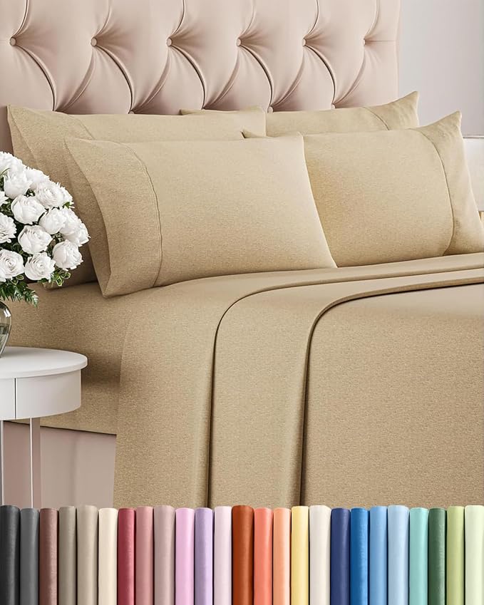 Cal King 6 Piece Sheet Set - Comfy Breathable & Cooling - Soft Hotel Luxury Bedding Set with 8-16 Inch Deep Pockets - 1 Flat & 1 Fitted Sheet & 4 Pillowcases - Wrinkle Free & Easy Care - Heathered Tan