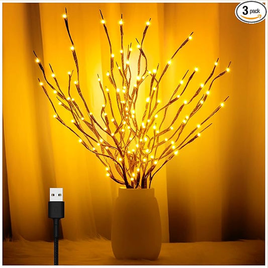 3PK 60" Led Branch Lights, Twig Lights, Lighted Branch for Vase, Willow Branches with USB Plug for Halloween Thanksgiving Day and Christmas,Warm White