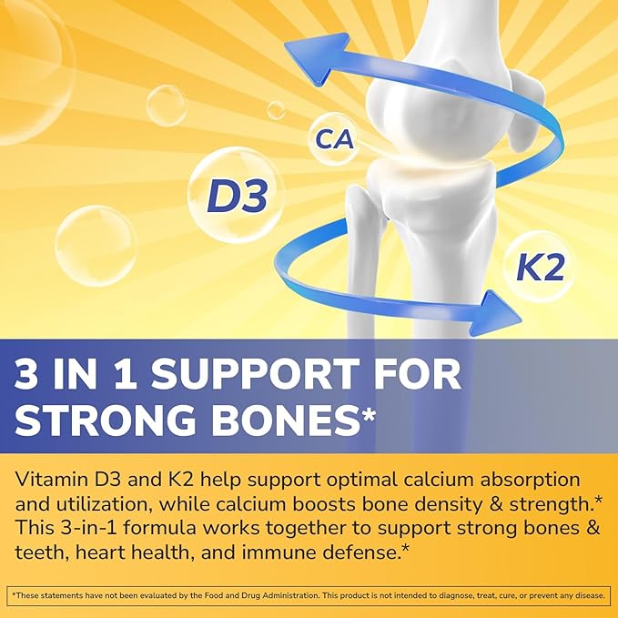 Complément D3 K2 Calcium pour Femmes et Hommes, Vitamine D3 5000 UI, Calcium 1200 mg, MK-7, Haute Absorption, pour des os, des dents, un cœur et un système immunitaire solides, 60 Comprimés