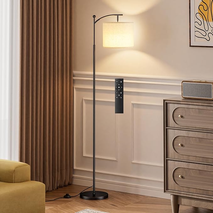 Ambimall 60" Floor Lamp with Remote Control and Stepless Dimmable Bulb, Colors Temperature & Brightness Adjustable, Modern Floor Lamps for Living Room, Deep Beige Shade & Black Pole