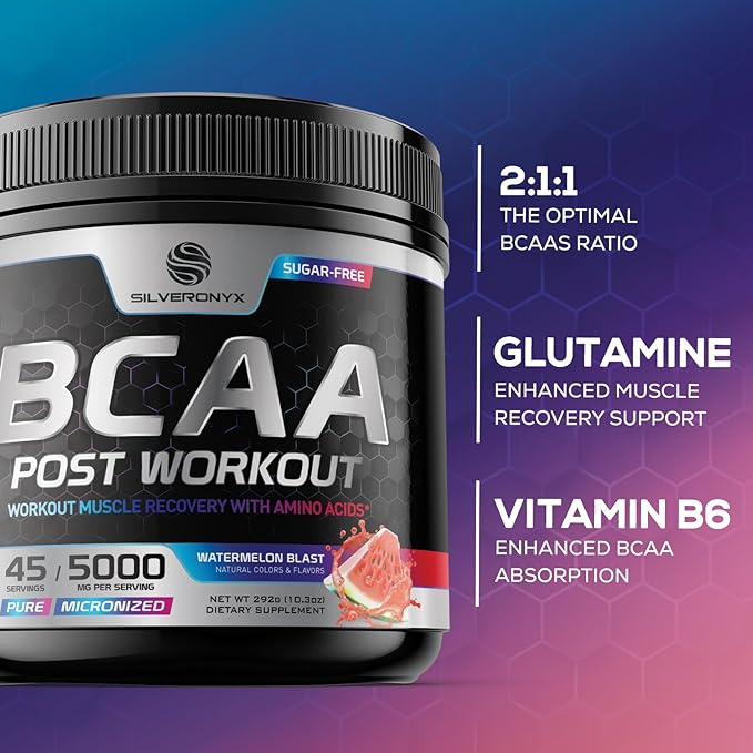 Post Workout Recovery Powder with BCAA - Extra Strength Muscle Recovery Drink Mix with L-Glutamine & Amino Acids - Sugar Free After Workout Hydration Powder Supplement - Watermelon Blast - 45 Servings