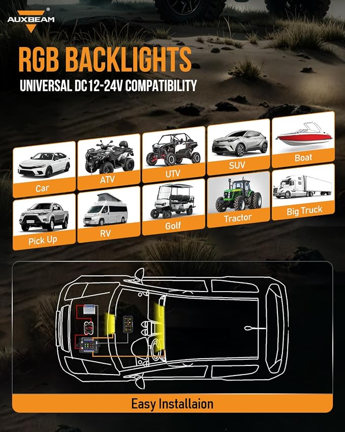 Auxbeam RGB Bluetooth 8 Gang Switch Panel AR-820 Toggle Momentary Pulsed Switch Pod for Truck UTV Offroad Boat Auxiliary LED Light Controller with Circuit Relay System Box Waterproof, 3-Year Warranty