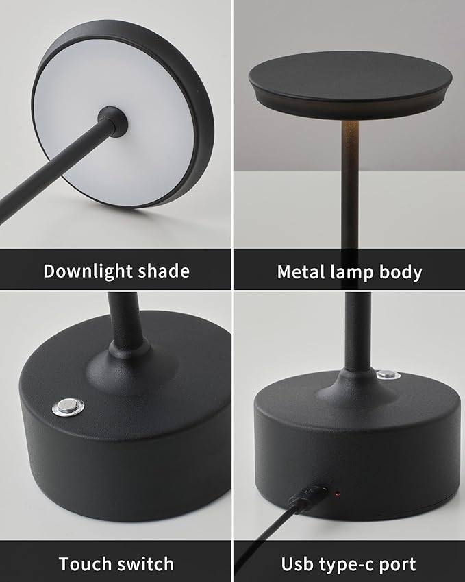 PUSU Rechargeable Table Lamps Set of 2, Black Cordless LED 4000mAh Battery Desk Lamp, Stepless Dimming & 3 Color 2700K-6000K, Portable Lamp for Bedroom, Living Room, Restaurant, Outdoor, Night Light