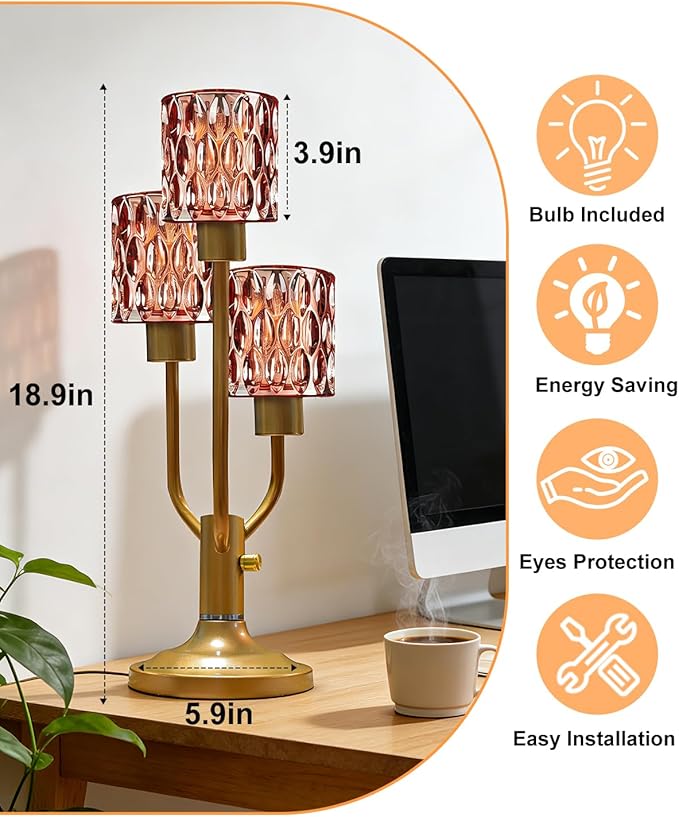 Mid Century Modern Table Lamp Dimmable Nightstand Lamp Gold Vintage Desk Lamp with Red Glass 3 Bulbs Included Warmwhite Ambient Bedside Lamps for Living Room Bedroom Office Home Decor