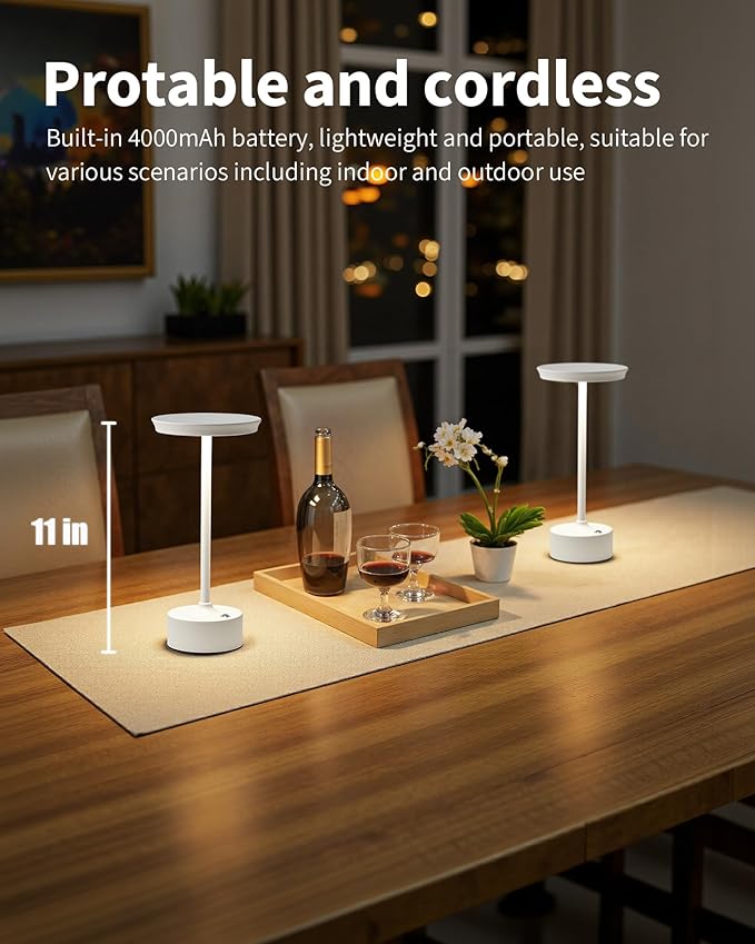PUSU Rechargeable Table Lamps Set of 2, White Cordless LED 4000mAh Battery Desk Lamp, Stepless Dimming & 3 Color 2700K-6000K, Portable Lamp for Bedroom, Living Room, Restaurant, Outdoor, Night Light