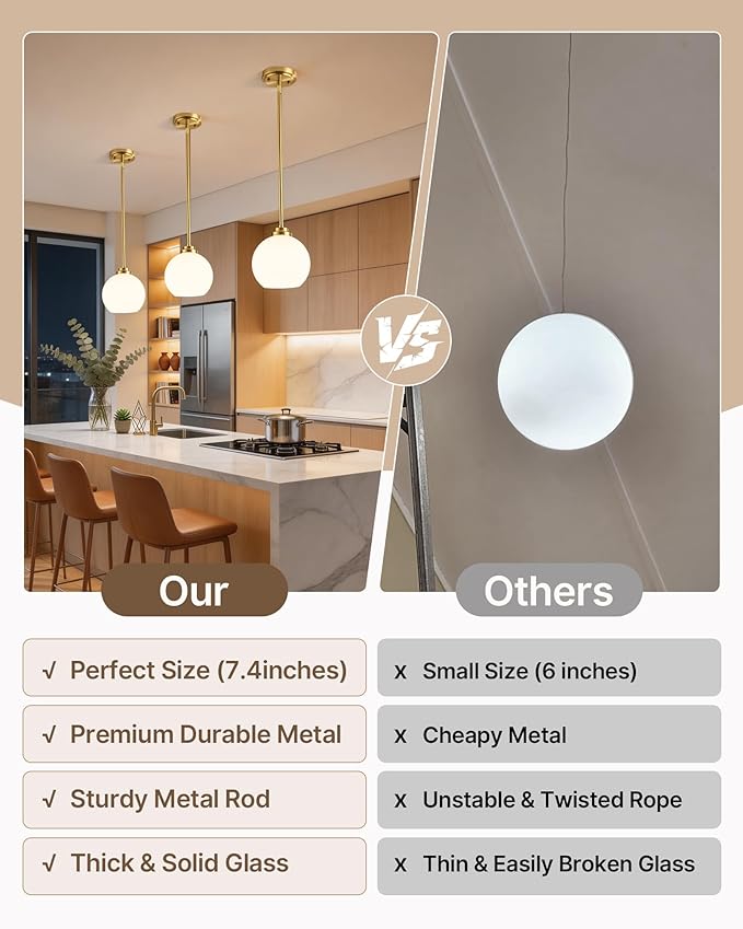 Majade Globe Pendant Lights Mid Century Modern Kitchen Island Pendant Light Fixtures 7.4 Inch Gold Brass Pendant Lighting with Milk Glass Adjustable Hanging Light Fixtures for Dining Room(2 Pack)