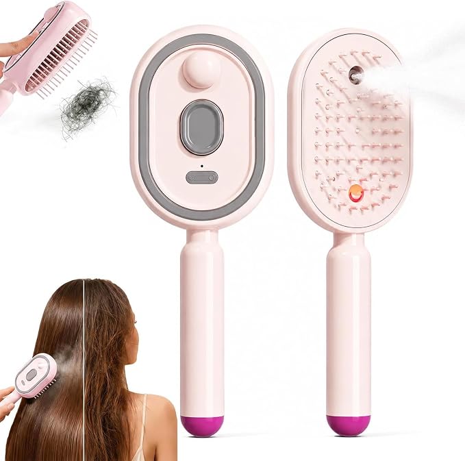 Upgrade Rechargeable 3 in 1 Self Cleaning Hair Brush with Water Spray, 2026 New Electric Steam Brush for Hair, Electric Spray Air Cushion Massage Comb for Long Short Hairs Frizz Control (Pink1)