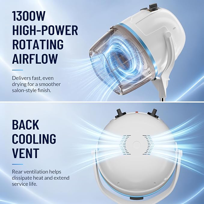 Nova Microdermabrasion Professional Hooded Floor Hair Dryer Adjustable Bonnet Hair Dryer Stand Up with Timer and Rolling Wheels for Beauty Spa Home Salon Equipment (White)
