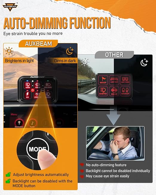 Auxbeam RGB 6 Gang Switch Panel RA60 Auto-Dimmable Switch Panel w/Momentary Toggle Pulsed Memory Function, 12-24V Switch Panel for Truck UTV Car Boat Waterproof, 3-Year Warranty