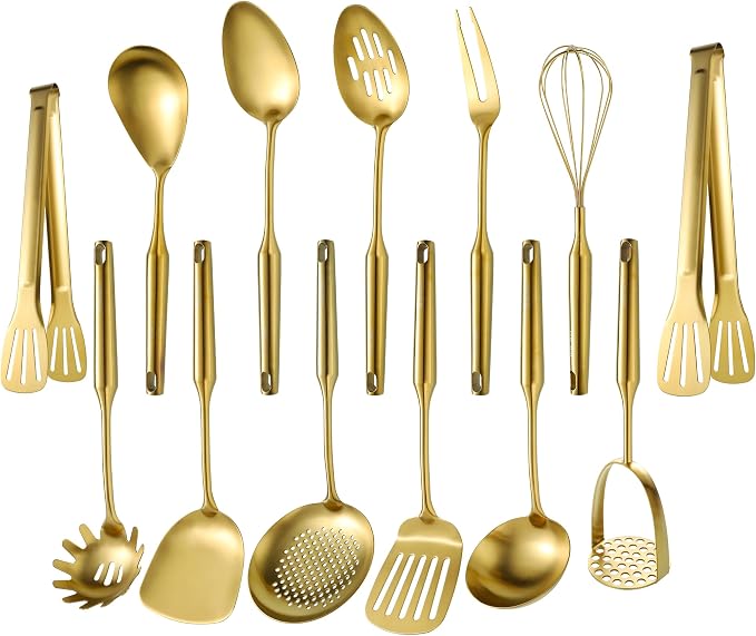 Gold Kitchen Utensils for Cooking 13 PCS Stainless Steel, Solid Slotted Spoon, Fork, Spatula, Ladle, Skimmer, Slotted Tunner, Spaghetti Large Spoon, Meat Fork, Masher, Whisk, Tongs