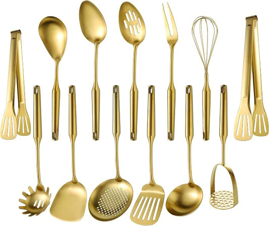 Gold Kitchen Utensils for Cooking 13 PCS Stainless Steel, Solid Slotted Spoon, Fork, Spatula, Ladle, Skimmer, Slotted Tunner, Spaghetti Large Spoon, Meat Fork, Masher, Whisk, Tongs