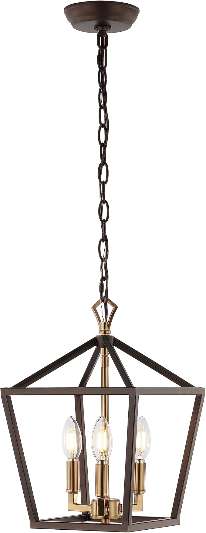 JONATHAN Y 10" Oil Rubbed Bronze/Brass Gold 3-Light Pagoda LED Pendant Lantern, Classic Modern Farmhouse Chandelier for Kitchen Island, Dining Room, Entry, Foyer, Rustic Iron Frame (JYL7601D)