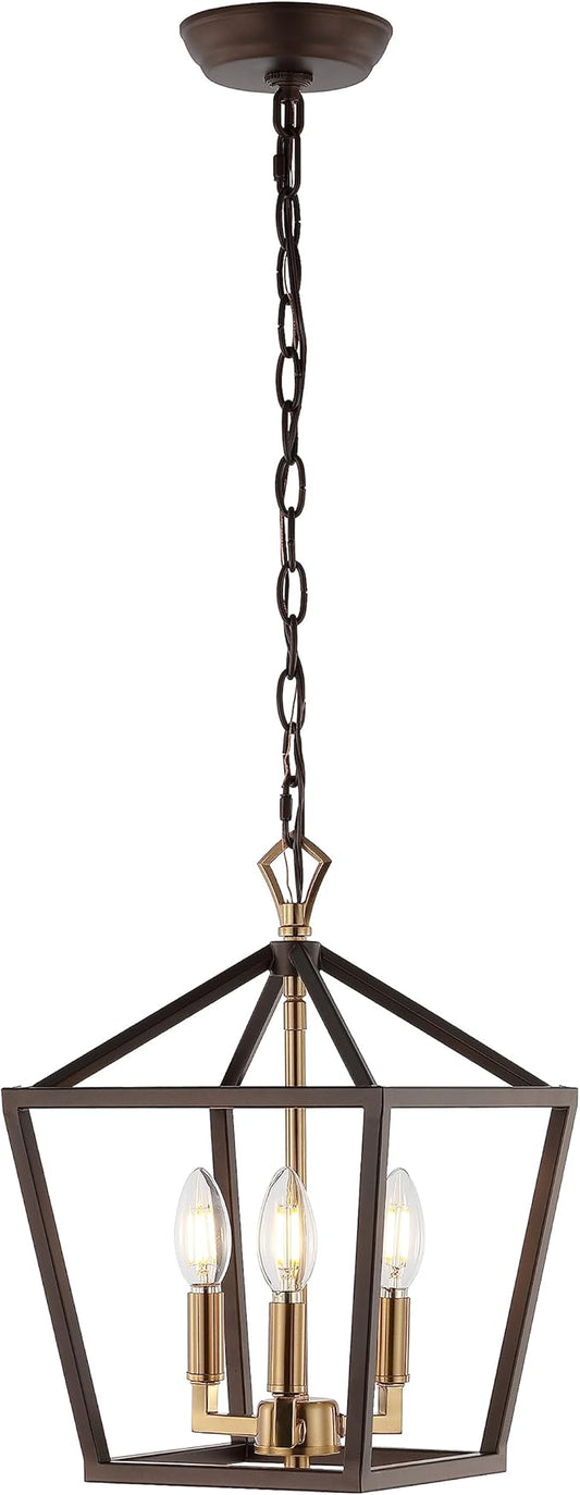 JONATHAN Y 10" Oil Rubbed Bronze/Brass Gold 3-Light Pagoda LED Pendant Lantern, Classic Modern Farmhouse Chandelier for Kitchen Island, Dining Room, Entry, Foyer, Rustic Iron Frame (JYL7601D)