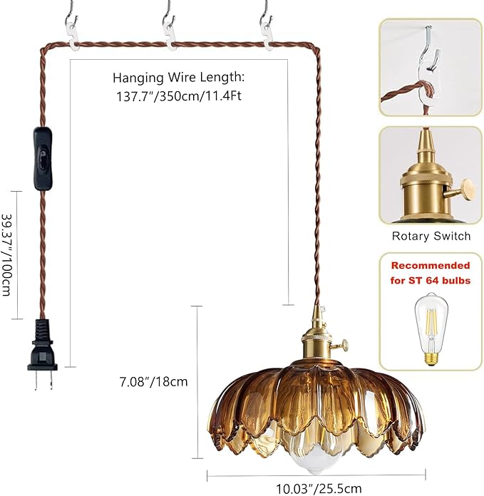 XZHGCEE Hanging Lamp Plug in Pendant Light: Amber Glass Hanging Lamp Plug in, 14.7ft Swag Lamp Cord with On/Off Switch for Kitchen Island/Dining Room/Bedroom/Living Room Hanging Light, No Bulb