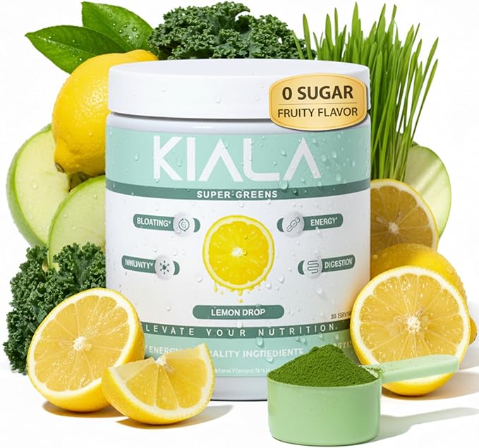 Kiala Nutrition Super Greens, Organic Greens Powder with Spirulina & Chlorella for Digestion, Gut Health, Immunity, Adaptogens, Energy, Gluten Free, Vegan, Sugar Free, Lemon Drop, 30 Servings