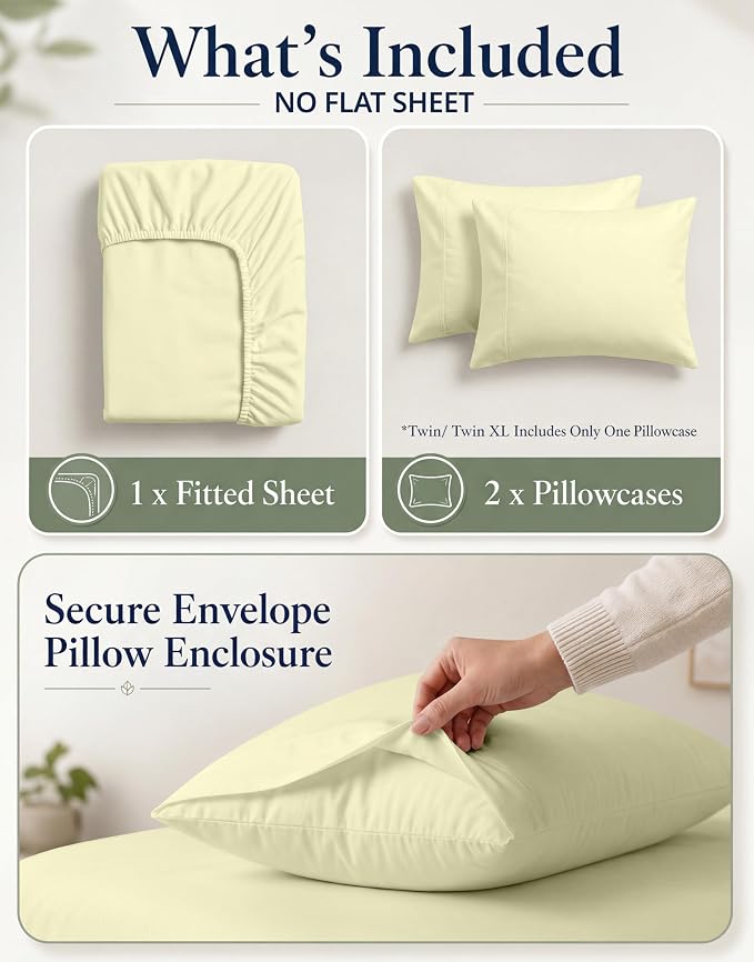 LANE LINEN Twin Fitted Sheets, 100% Organic Cotton 2-Piece Set (1 Fitted Sheet, 1 Pillowcase), Percale Weave, Bottom Sheet, Soft, Breathable, Fits Mattress Upto 15' Deep - Vanilla (No Flat Sheet)