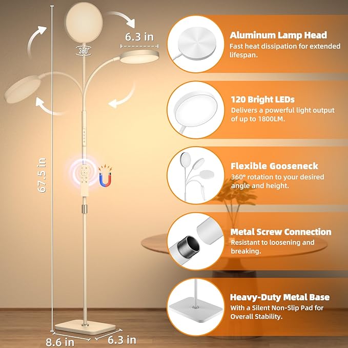 PACOVY Floor Lamp, Adjustable Height Floor Lamps for Living Room Bedroom, 252 LED Super Bright Standing Lamp Remote Control, Dimmable Gooseneck Tall Stand Reading Lamp Light for Office Craft, White