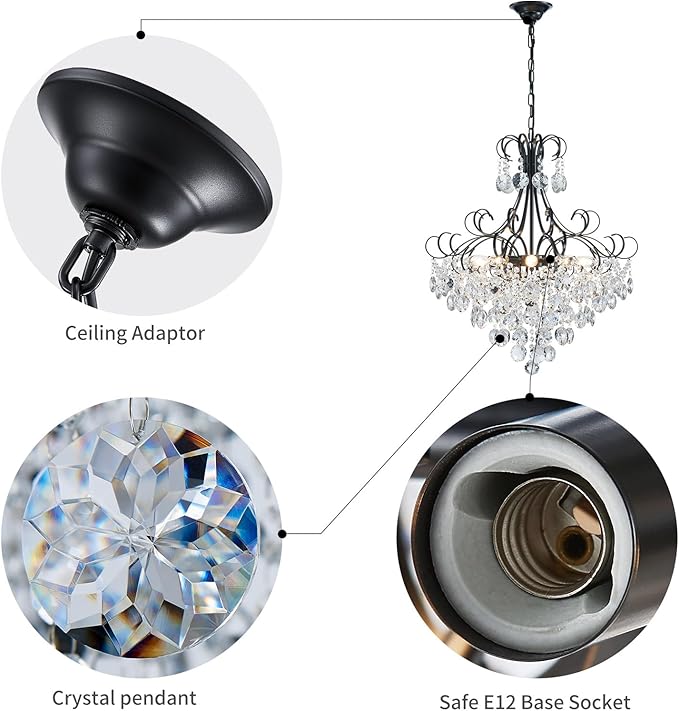ANJIADENGSHI Crystal Chandelier K9 Crystal Lighting Chandelier for Living Room 10 E12 Bulbs High 27.6 in x Diameter 22.8 in, Black