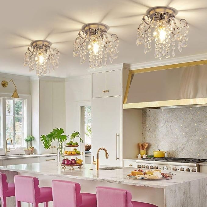 Q&S Small Crystal Chandelier Flush Mount Ceiling Light 3 Lights Modern Chrome Iron Raindrop Crystal Ceiling Fixture for Bedroom Hallway Closet Entryway Stairs