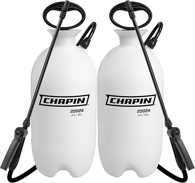 Chapin 20024 Pump Sprayer, 2‑Gallon, Lawn & Garden, Translucent Poly Tank, Funnel‑Top, SureSpray, Adjustable Cone Nozzle & 34" Hose for Fertilizer, Weed & Pest Application, Pack of 2