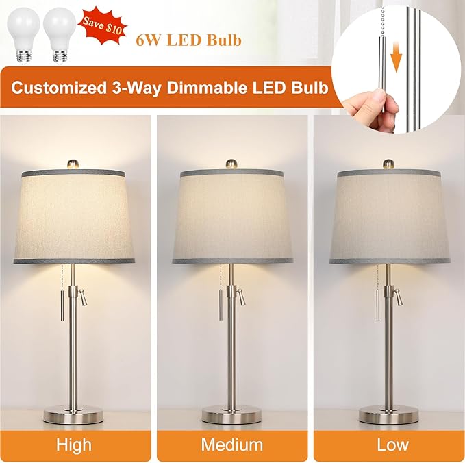JUNNAI Table Lamps Set of 2, Bedside Lamp Silver Tall Table Lamps for Living Room End Tables, 22" to 30" Adjustable Height Lamp for Bedroom Nightstand Farmhouse with Pull Chain(Bulbs Included)