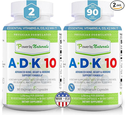 Complément Alimentaire Vitamine ADK Power By Naturals – ADK 10 Haute Puissance avec Vitamines A, D3 10 000 UI & K2 MK7 pour la Santé Osseuse – Complément Vitamine A D K – 90 Gélules, Lot de 2 (6 Mois de Traitement)