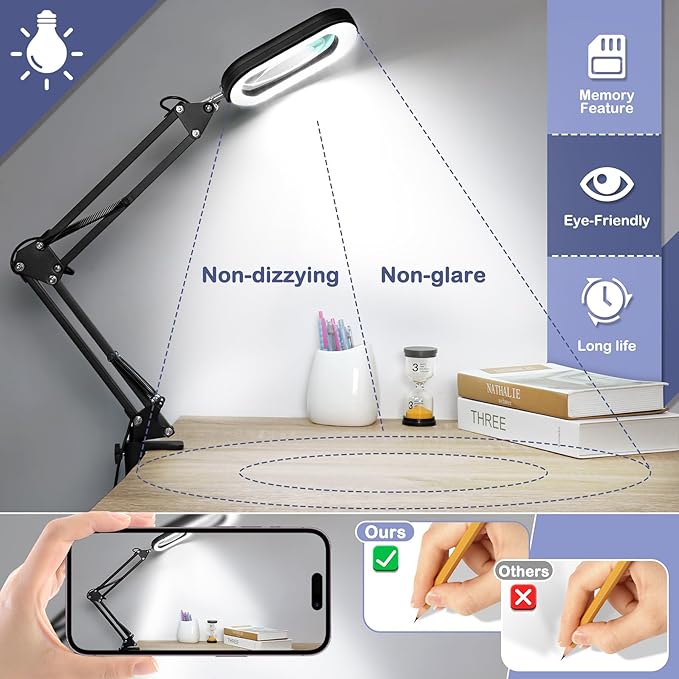 Drdefi 10X Square Magnifying Glass with Light and Stand, Real Glass LED Lighted Magnifier, 5 Color Modes Stepless Dimmable, Hands-Free Mag Desk Lamp with Clamp for Reading Craft Hobby Close Work Black