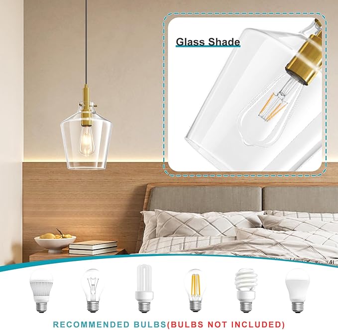 Modern Glass Pendant Lighting for Kitchen Island, Farmhouse Gold Pendant Light Fixtures 1 Pack, Adjustable Hanging Ceiling Light Angled Clear Glass Shades 8 Inch