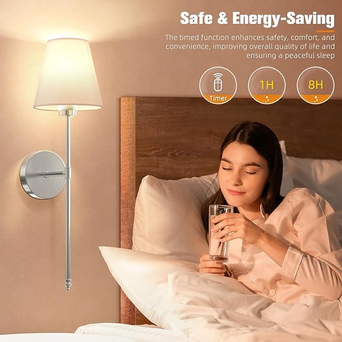 NIORSUN Battery Operated Wall Sconce Set of 2,Brushed Nickel Rechargeable Wall Lights with 10400mAh Dimmable Detachable Bulbs and Remote, 10 Colors Wireless Sconces for Bedroom Living Room Hallway