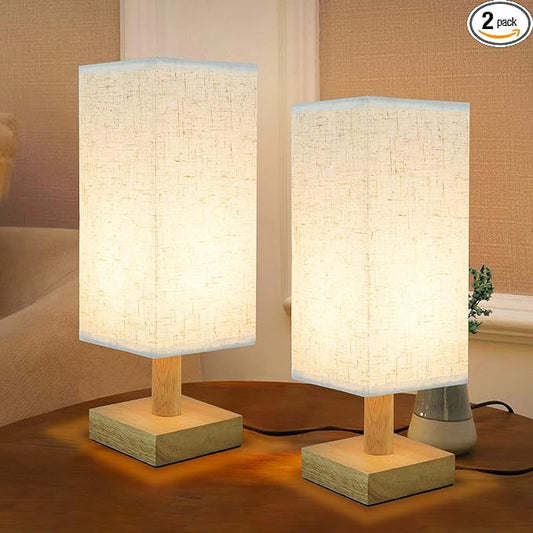 SEENSINY Small Bedside Table Lamps Set of 2, Minimalist Nightstand Lamp Set of 2 with Square Fabric Linen Shade, Mini Reading Night Stand Desk Lamp Set for Bedroom, Living Room, Office 4.3in