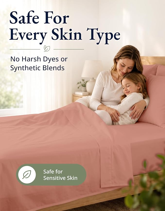 LANE LINEN 100% Organic Cotton Fitted Sheet Full Size Set (No Flat Sheet) - Soft & Breathable Percale Weave Fitted Sheet Set - 15'' Deep Pocket for Snug Fit - GOTS Certified - Rose Dawn