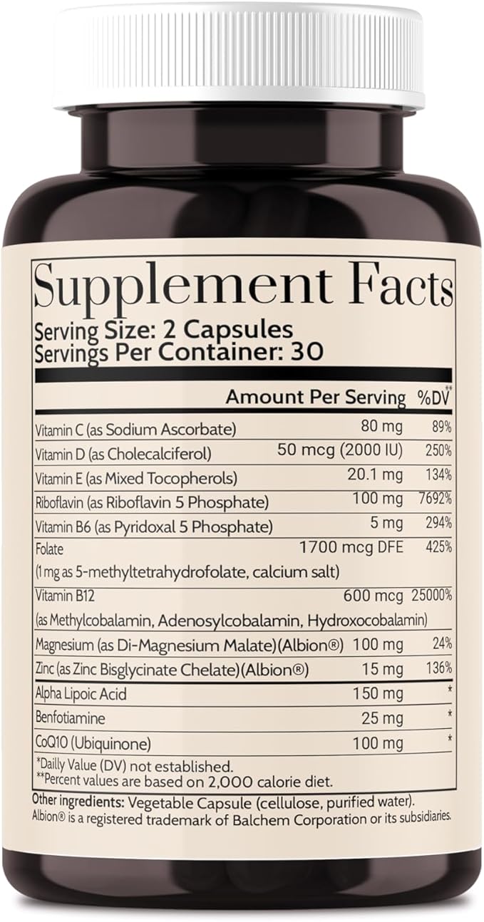 Wellkasa Migra-Well AM : Multivitamine méthylée énergisante quotidienne avec minéraux biodisponibles et antioxydants soutenant la santé du cerveau et des nerfs pour femmes et hommes - Sans fer (60 gélules)